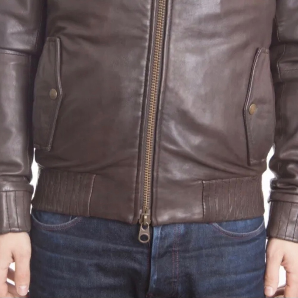 AllSaints Leather ‘Jack’ Bomber Jacket UK Size Large Brown Autumn Winter - Picture 7 of 11